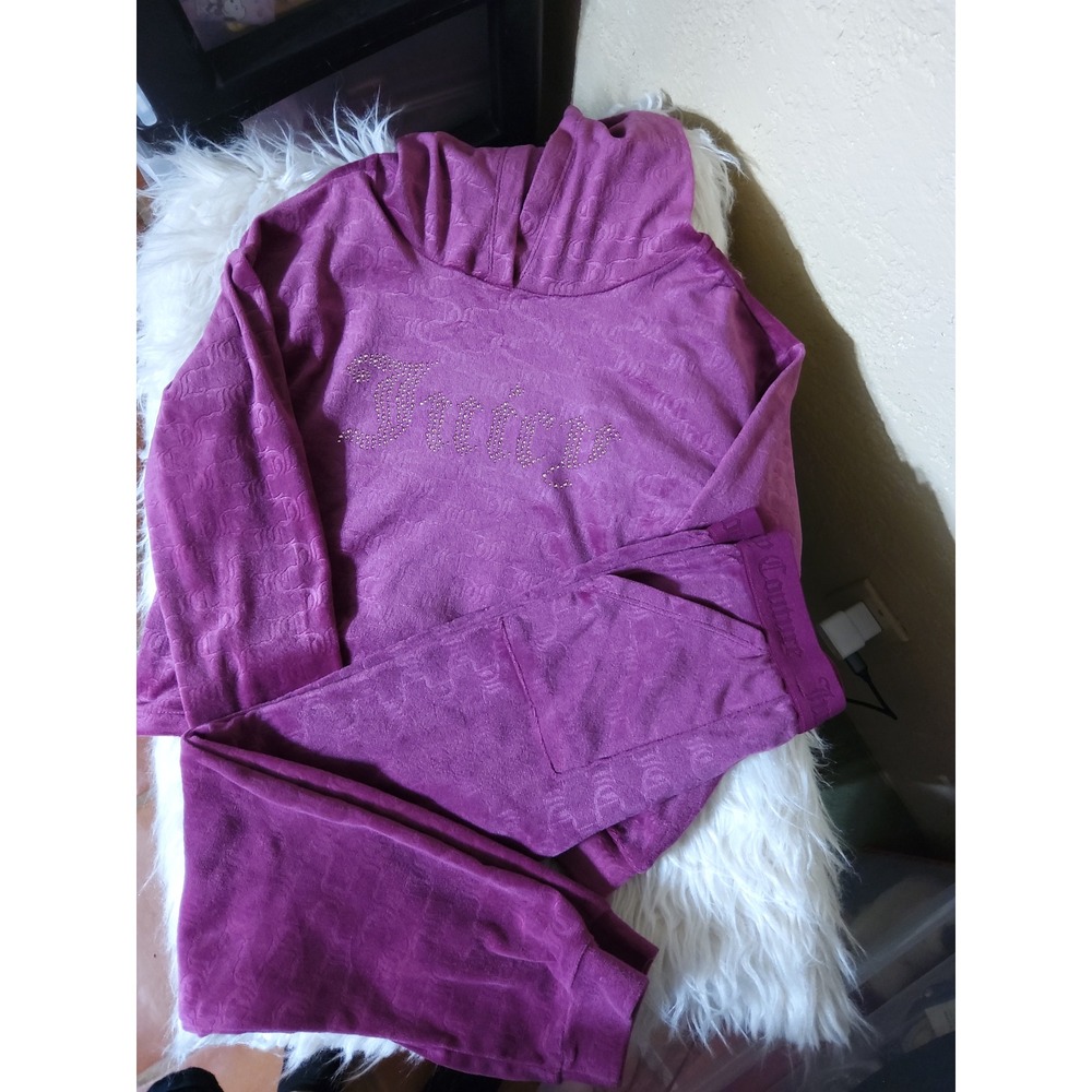 Juicy Couture Girls Velour Tracksuit Set Magenta Purple Rhinestone Logo Hoodie